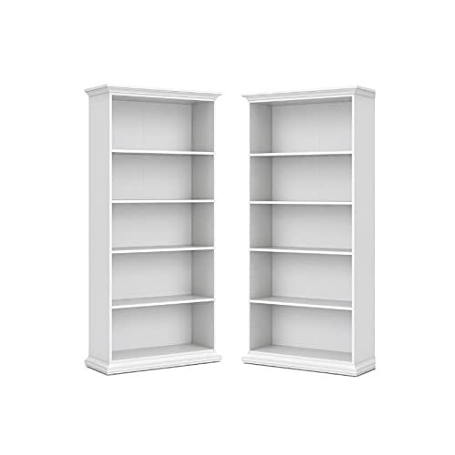 Home Square 5 Shelf Wood Bookcase Set in White (Set of 2)
