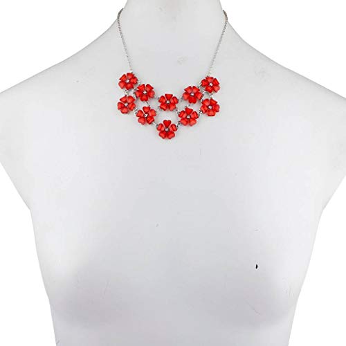 Lux Accessories Silvertone n Red Acrylic Flower Floral Mini Statement Necklace