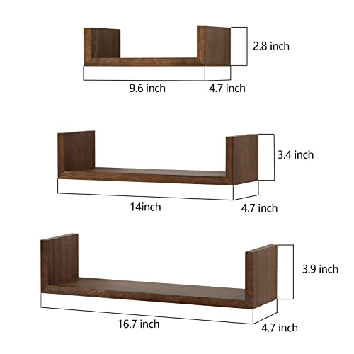 SRIWATANA Floating Shelves Wall Mounted, Solid Wood Wall Shelves Set of 3, Dark Brown
