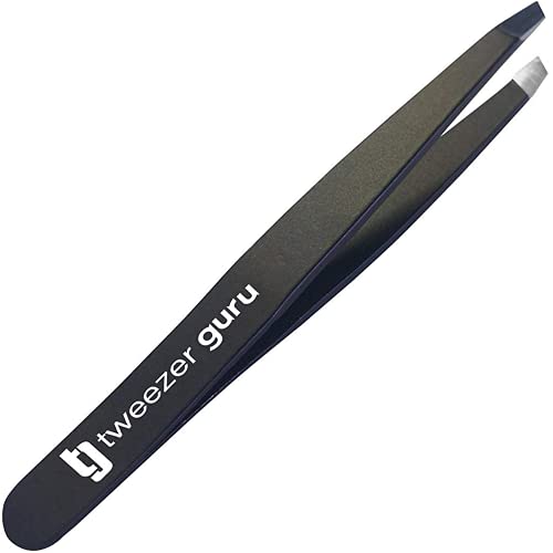 Tweezer Guru Tweezers for Eyebrows - Pointed Precision Tweezers for Eyebrows & Ingrown Hair Removal - Blackhead and Splinter Tweezer with Sharp Needle Nose Point (1 Count (Slant), Black)