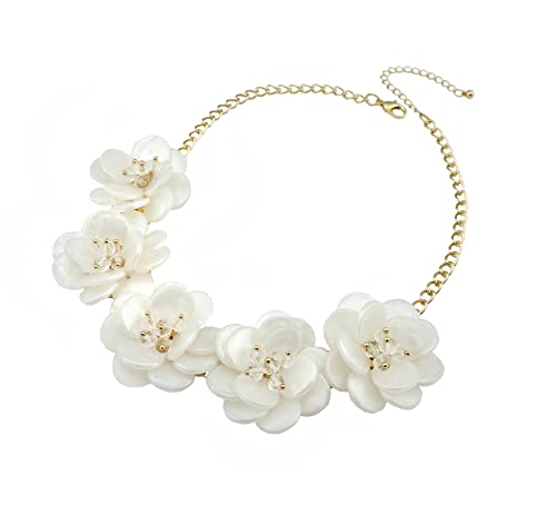 Flower Boho Necklace Fashion Statement Floral Collar Chokers Short Necklace for Women and Men- White