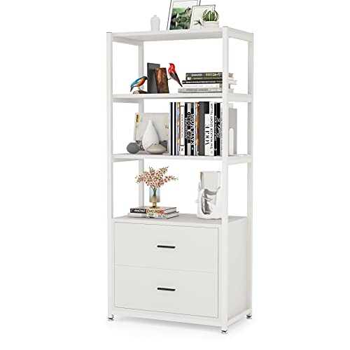 Tribesigns Bookcase, 4-Tier White Bookshelf with 2 Drawers, Etagere Standard Book Shelves Display Shelf for Home Office (White)