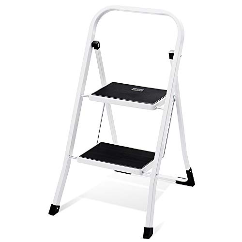 Delxo Step Ladder 2 Step Stool with Handle Heavy Duty Steel Sturdy Wide Pedal Step Stool Folding Lightweight Anti-Slip Portable & Collapsible Stool Folding Ladder Kitchen Step Stool - 500 lbs.