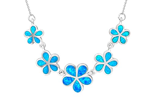 Honolulu Jewelry Company Sterling Silver Five Plumeria Flower Necklace with Simulated Blue Opal
