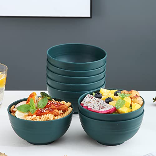 Kyraton Plastic Cereal Bowls 8 Pieces 26 oz, Unbreakable And Reusable Light Weight Bowl For Rice Noodle Soup Snack Salad Fruit BPA Free Dishwasher Safe (Dark Green)