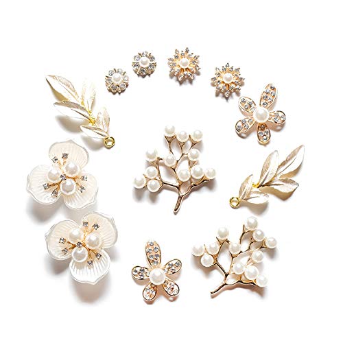 12Pcs Rhinestone Pearl Embellishments,Pearl Flower Buttons Brooch Alloy Pendants for Jewelry Making, Wedding DIY Supplies, Clothes, Bags, Shoes and Sew Craft Projects