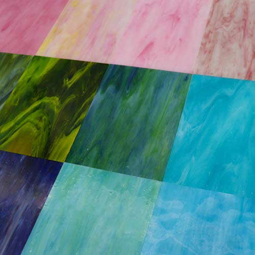 LITMIND 12 Sheets Variety Stained Glass Sheets Pack, 4 x 6 inch Mosaic Glass Tiles for Crafts, Art Glass Pack, Assorted Colors and Patterns(Opaque/Smooth) Pink + Blue + Green