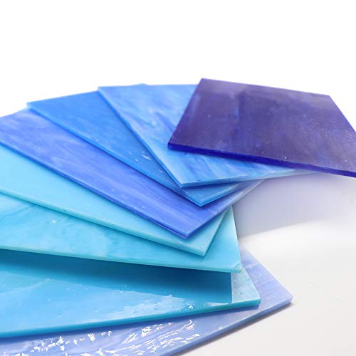 LITMIND 8 Sheets Blue Stained Glass Variety Pack, 4 x 6 inch Mosaic Tiles Glass for Crafts, Art Glass Pack, Mixed Colors Glass and Textures (Shades of Blue)
