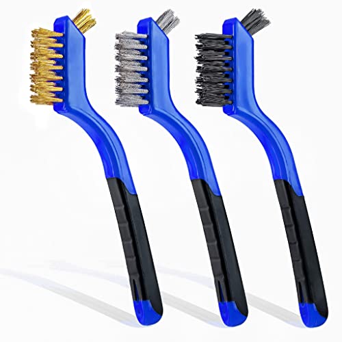 Lavaxon Wire Brush Set 3Pcs - Nylon/Brass/Stainless Steel Bristles with Curved Handle Grip for Rust, Dirt & Paint Scrubbing with Deep Cleaning – 7 Inches (Blue)