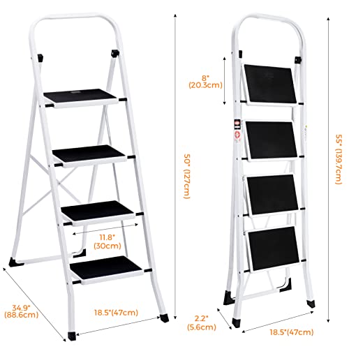 DELXO Step Ladder Folding Step Stool 4 Step Ladder with Handrails Heavy Duty Steel Sturdy Wide Pedal Lightweight Anti-Slip Portable & Collapsible Stool Folding Ladder Kitchen Step Stool - 350 lbs