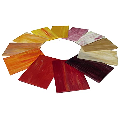 Unicoshape 12 Sheets Stained Glass Sheets Pack, 6" X 4" Cathedral Glass, Art Glass, Mosaic Glass Tiles for Crafts, (Red and Yellow Mixed)