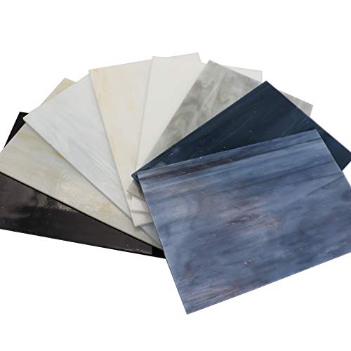 LITMIND 8 Sheets Stained Glass Variety Pack, 4 x 6 inch Mosaic Tiles Glass for Crafts, Art Glass Pack, Mixed Colors and Patterns (White+Black+Gray)