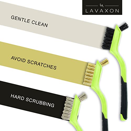 Lavaxon Wire Brush Set 3Pcs - Nylon/Brass/Stainless Steel Bristles with Curved Handle Grip for Rust, Dirt & Paint Scrubbing with Deep Cleaning – 7 Inches (Green)