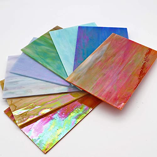 LITMIND 8 Pack Stained Glass Sheets Variety Pack, 4 x 6 inch Iridescent Glass Sheets for Beginners, Mosaic Tiles for Crafts, Art Glass Pack (Opaque/Iridescent)