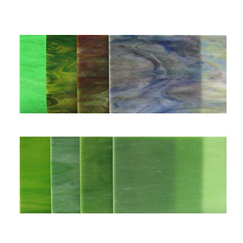 LITMIND 8 Sheets Mosaic Tiles Glass for Crafts, 4 x 6 inch Green Stained Glass Sheets Variety and Art Glass Pack, Mixed Colors and Patterns (Shades of Green)