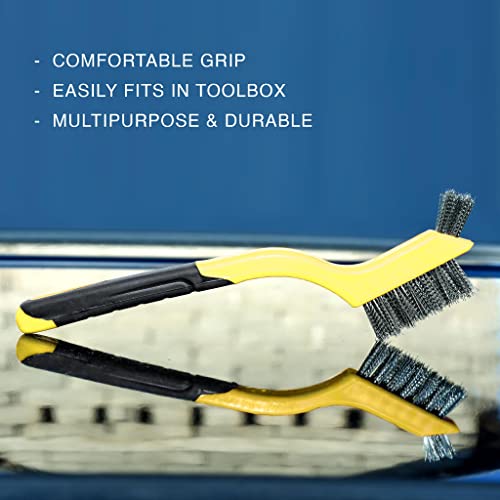 Lavaxon Wire Brush Set 3Pcs - Nylon/Brass/Stainless Steel Bristles with Curved Handle Grip for Rust, Dirt & Paint Scrubbing with Deep Cleaning – 7 Inches (Yellow)