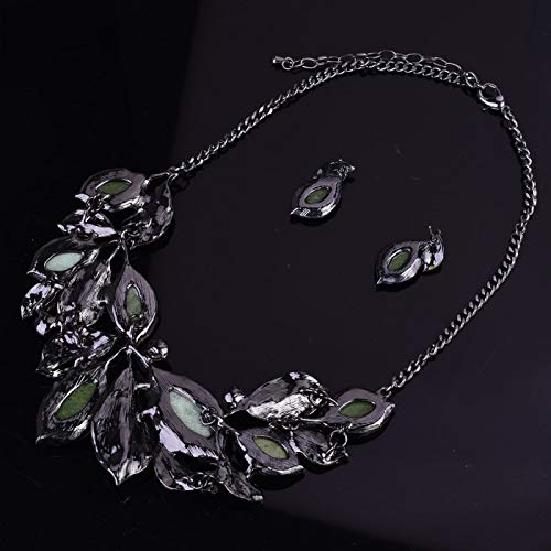 Vintage Statement Necklace and Earrings Set Flower Leaf Pendants Bib Necklaces Fashion Chunky Jewelry for Women Girls (Green)