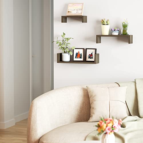 SRIWATANA Floating Shelves Wall Mounted, Solid Wood Wall Shelves Set of 3, Light Brown