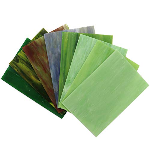 LITMIND 8 Sheets Mosaic Tiles Glass for Crafts, 4 x 6 inch Green Stained Glass Sheets Variety and Art Glass Pack, Mixed Colors and Patterns (Shades of Green)