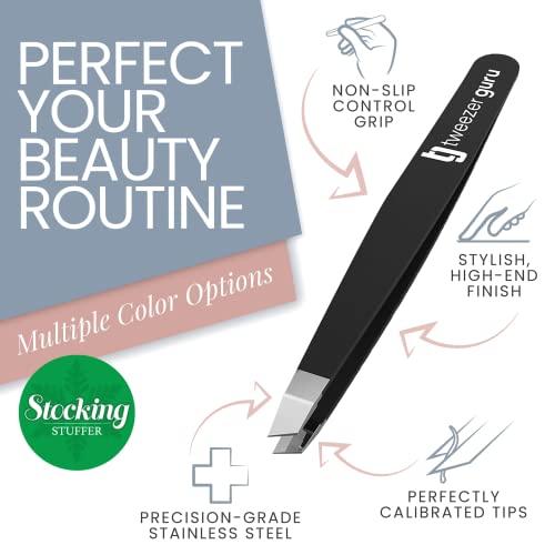 Tweezer Guru Tweezers for Eyebrows - 1 Pack Slant Tip Professional Stainless Steel Eyebrow Tweezers for Women & Men - Great Precision on Brow, Facial Hair & Ingrown Hair (Bright Pink)