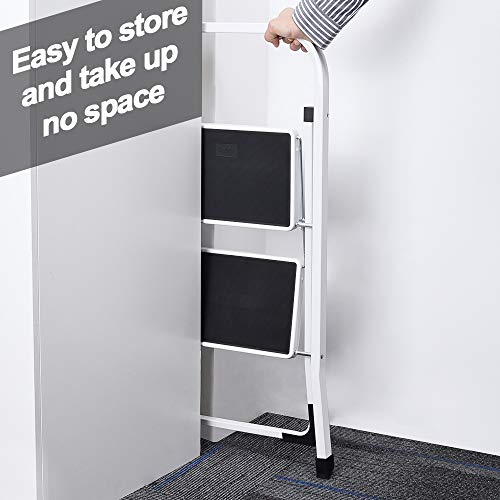 Delxo Step Ladder 2 Step Stool with Handle Heavy Duty Steel Sturdy Wide Pedal Step Stool Folding Lightweight Anti-Slip Portable & Collapsible Stool Folding Ladder Kitchen Step Stool - 500 lbs.