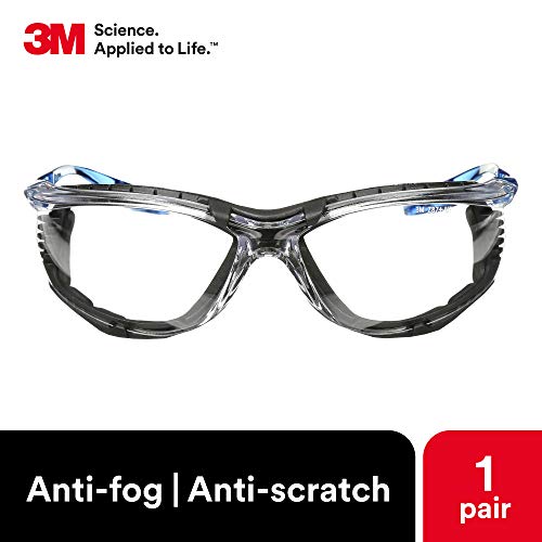 3M Safety Glasses, Virtua CCS, ANSI Z87, Anti-Fog, Clear Lens, Blue Frame, Corded Ear Plug Control, Removable Foam Gasket