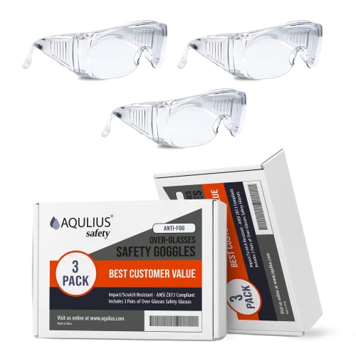 3 Pack Safety Glasses Over Eyeglasses (Anti-Fog & Scratch Resistant) Crystal Clear Eye Protection - OTG Safety Goggles