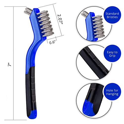 Lavaxon Wire Brush Set 3Pcs - Nylon/Brass/Stainless Steel Bristles with Curved Handle Grip for Rust, Dirt & Paint Scrubbing with Deep Cleaning – 7 Inches (Blue)