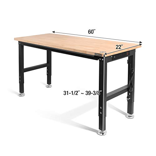 WORKPRO 60" Adjustable Workbench, Rubber Wood Top Heavy-Duty Workstation, 2000 LBS Load Capacity Hardwood Worktable with Power Outlets, for Workshop, Garage, Office, Home