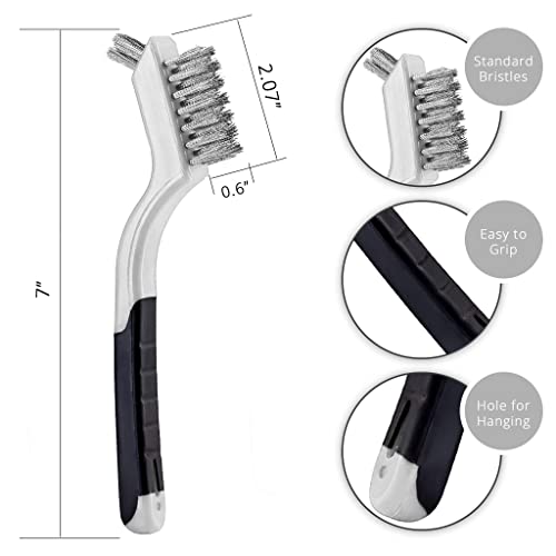 Lavaxon Wire Brush Set 3Pcs - Nylon/Brass/Stainless Steel Bristles with Curved Handle Grip for Rust, Dirt & Paint Scrubbing with Deep Cleaning – 7 Inches (Grey)