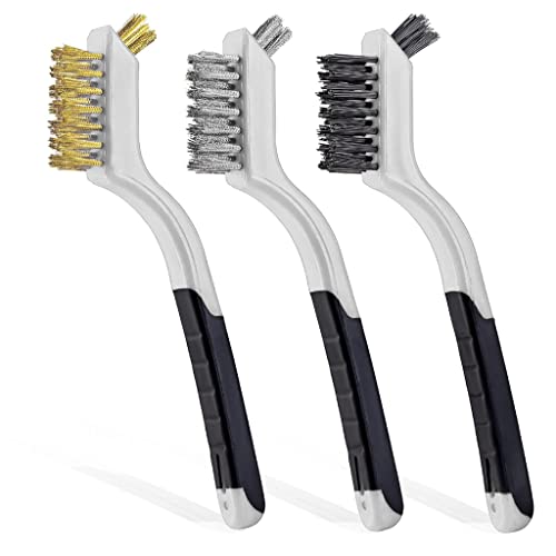 Lavaxon Wire Brush Set 3Pcs - Nylon/Brass/Stainless Steel Bristles with Curved Handle Grip for Rust, Dirt & Paint Scrubbing with Deep Cleaning – 7 Inches (Grey)