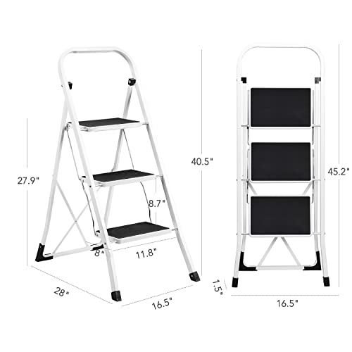 Delxo 3 Step Ladder Folding Step Stool with Handle Heavy Duty Steel Sturdy Wide Pedal Lightweight Anti-Slip Portable, Collapsible Step Stool Folding Ladder Kitchen Step Stool for Adults, Kids 500 lbs