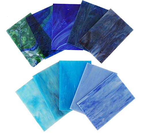 Lanyani 10 Sheets Variety Stained Glass Sheets Pack, 4 x 6 inch Large Cathedral Glass Mosaic Tiles for Crafts, Blue Mixed