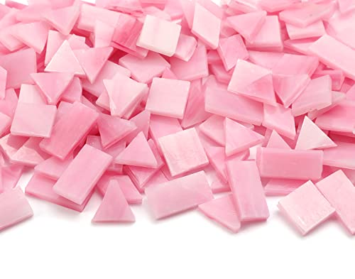 Multi-Color Options, Lanyani 200 Pieces Glass Mosaic Tiles for Crafts,4 Shapes Mixed Colorful Glass Tiles Tiffany Stained Glass Pieces for Mosaic,Pink
