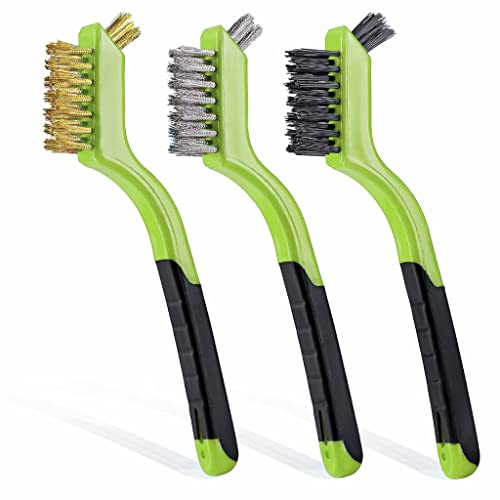 Lavaxon Wire Brush Set 3Pcs - Nylon/Brass/Stainless Steel Bristles with Curved Handle Grip for Rust, Dirt & Paint Scrubbing with Deep Cleaning – 7 Inches (Green)
