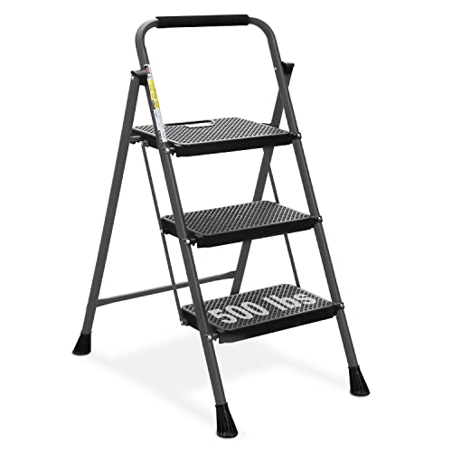HBTower 3 Step Ladder, Folding Step Stool with Wide Anti-Slip Pedal, Sturdy Steel Ladder, Convenient Handgrip, Lightweight 500lbs Portable Steel Step Stool, Grey