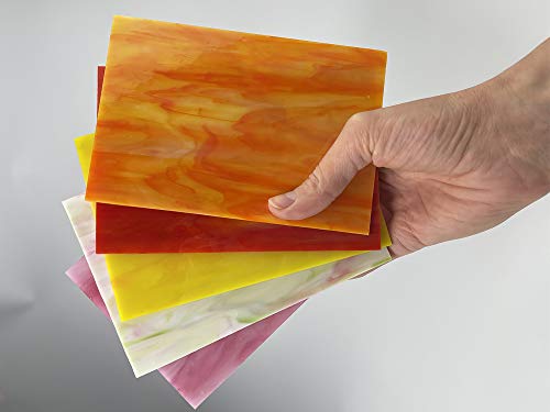 Unicoshape 12 Sheets Stained Glass Sheets Pack, 6" X 4" Cathedral Glass, Art Glass, Mosaic Glass Tiles for Crafts, (Red and Yellow Mixed)