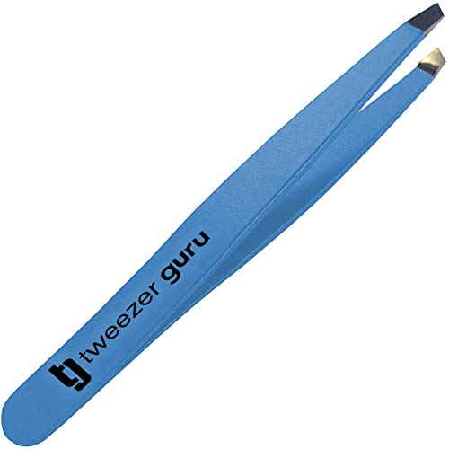 Tweezer Guru Tweezers for Eyebrows - 1 Pack Slant Tip Professional Stainless Steel Eyebrow Tweezers for Women & Men - Great Precision on Brow, Facial Hair & Ingrown Hair (Bold Blue)