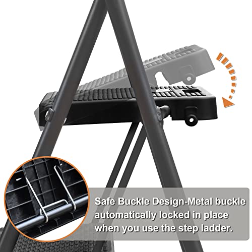 HBTower 3 Step Ladder, Folding Step Stool with Wide Anti-Slip Pedal, Sturdy Steel Ladder, Convenient Handgrip, Lightweight 500lbs Portable Steel Step Stool, Grey