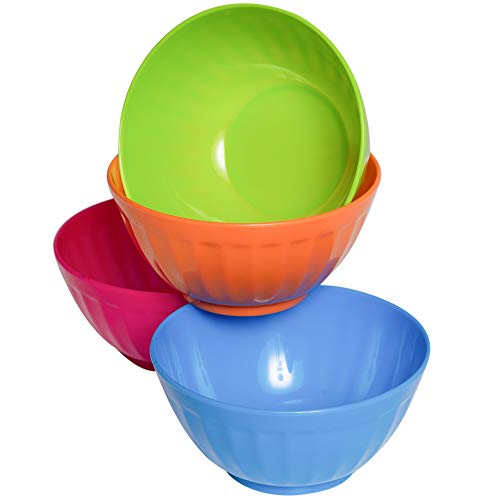 Klickpick Home 6 Inch Plastic Bowls Set of 8 - 28 ounce Large Plastic Cereal Bowls Microwave Dishwasher Safe Soup Bowls - BPA Free Bowls 4 Bright Colors (2 of Each Color)
