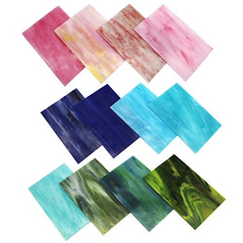 LITMIND 12 Sheets Variety Stained Glass Sheets Pack, 4 x 6 inch Mosaic Glass Tiles for Crafts, Art Glass Pack, Assorted Colors and Patterns(Opaque/Smooth) Pink + Blue + Green