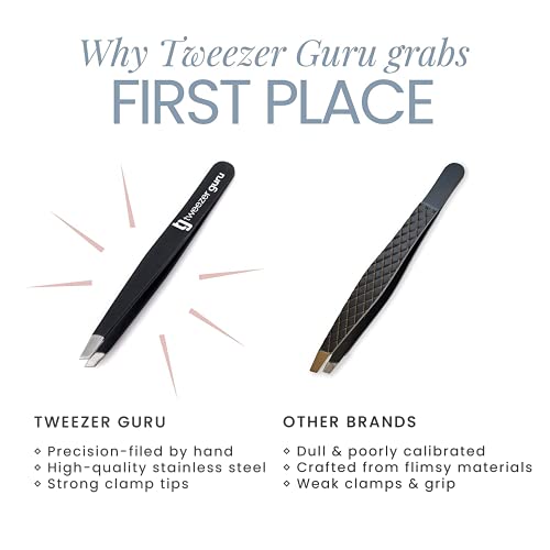 Tweezer Guru Tweezers for Eyebrows - 1 Pack Slant Tip Professional Stainless Steel Eyebrow Tweezers for Women & Men - Great Precision on Brow, Facial Hair & Ingrown Hair (Bright Pink)
