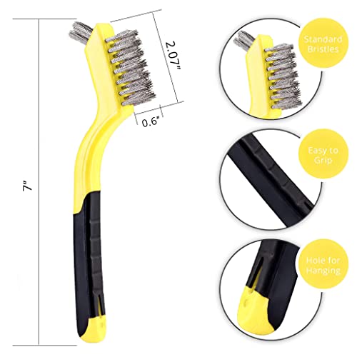 Lavaxon Wire Brush Set 3Pcs - Nylon/Brass/Stainless Steel Bristles with Curved Handle Grip for Rust, Dirt & Paint Scrubbing with Deep Cleaning – 7 Inches (Yellow)