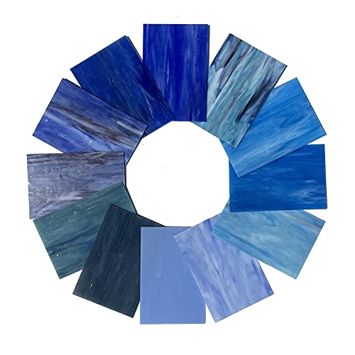 Unicoshape 12 Sheets Stained Glass Sheets Pack, 6" X 4" Cathedral Glass, Art Glass, Mosaic Glass Tiles for Crafts, (Mixed Blue)