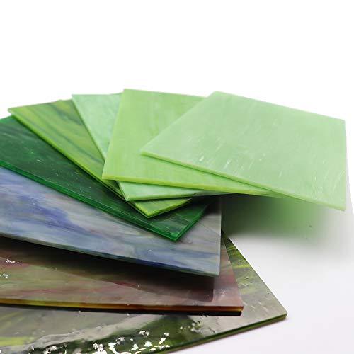 LITMIND 8 Sheets Mosaic Tiles Glass for Crafts, 4 x 6 inch Green Stained Glass Sheets Variety and Art Glass Pack, Mixed Colors and Patterns (Shades of Green)