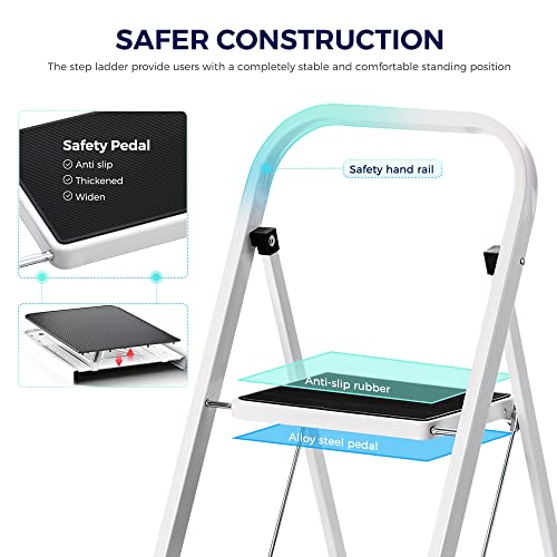 Delxo Step Ladder 2 Step Stool with Handle Heavy Duty Steel Sturdy Wide Pedal Step Stool Folding Lightweight Anti-Slip Portable & Collapsible Stool Folding Ladder Kitchen Step Stool - 500 lbs.