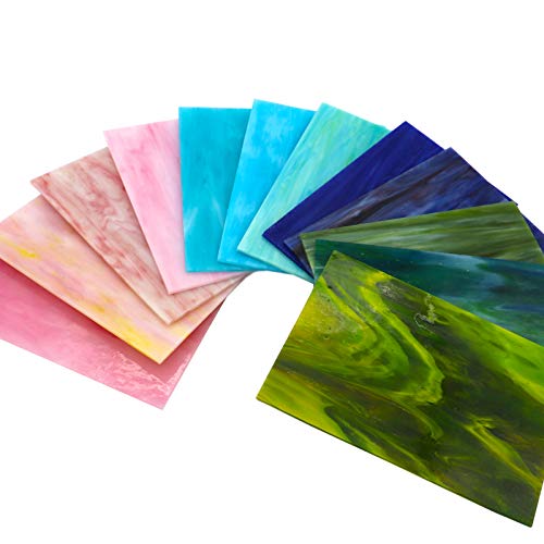 LITMIND 12 Sheets Variety Stained Glass Sheets Pack, 4 x 6 inch Mosaic Glass Tiles for Crafts, Art Glass Pack, Assorted Colors and Patterns(Opaque/Smooth) Pink + Blue + Green