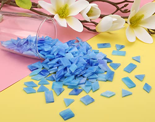 Lanyani Glass Mosaic Tiles for Art Crafts,4 Shapes Mixed Colorful Glass Tiles Tiffany Stained Glass Pieces,200 Pieces,Square/Rectangle/Diamond/Triangle,Ocean Blue