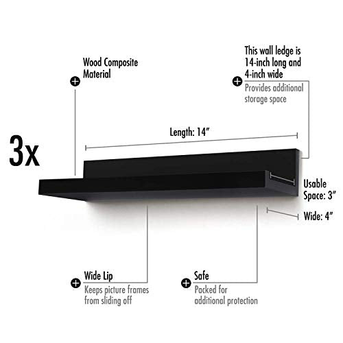 Americanflat 14 Inch Floating Shelves for Wall - Black Composite Wood Shelves for Bedroom, Living Room, Bathroom & Kitchen - Wall Mounted - Pack of 3