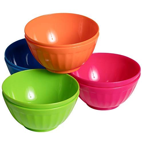 Klickpick Home 6 Inch Plastic Bowls Set of 8 - 28 ounce Large Plastic Cereal Bowls Microwave Dishwasher Safe Soup Bowls - BPA Free Bowls 4 Bright Colors (2 of Each Color)